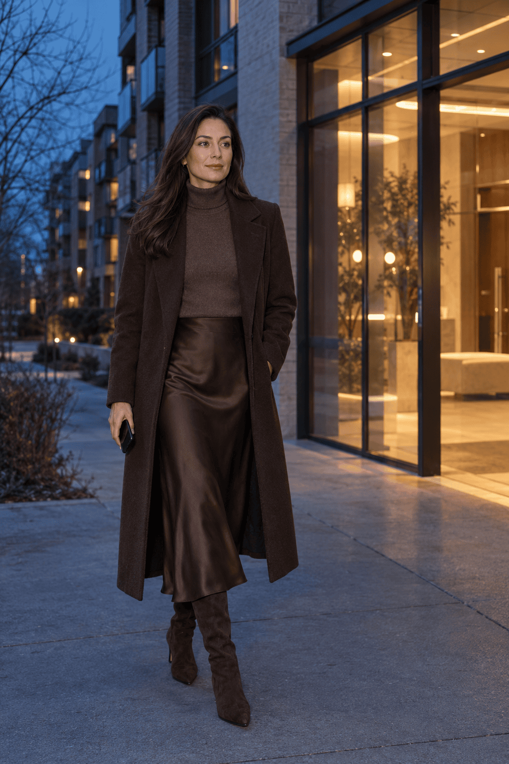 chocolate brown tonal winter date night outfit: brown cashmere turtleneck, chocolate silk midi skirt and dark brown suede knee boots