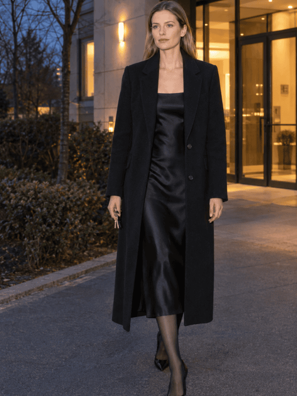 Old money outfit: long black coat + silk slip dress