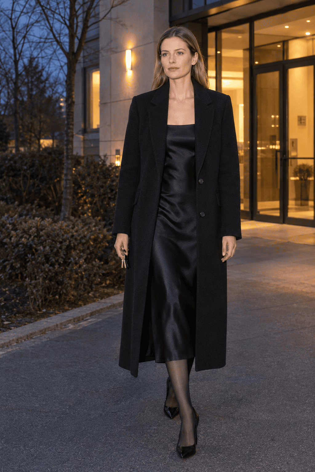 how to style a long black coat with a slip dress: tailored black coat worn open over a black silk midi slip dress, sheer black tights and pointed black pumps