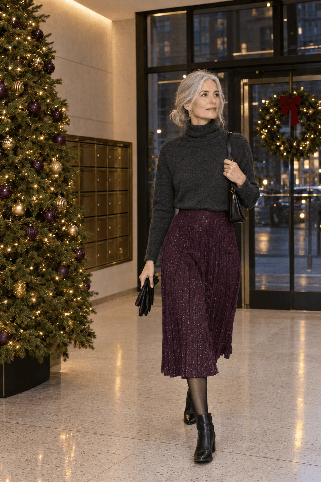 elegant christmas eve outfit for women over 50: plum pleated shimmer midi skirt, charcoal cashmere turtleneck and black block-heel booties
