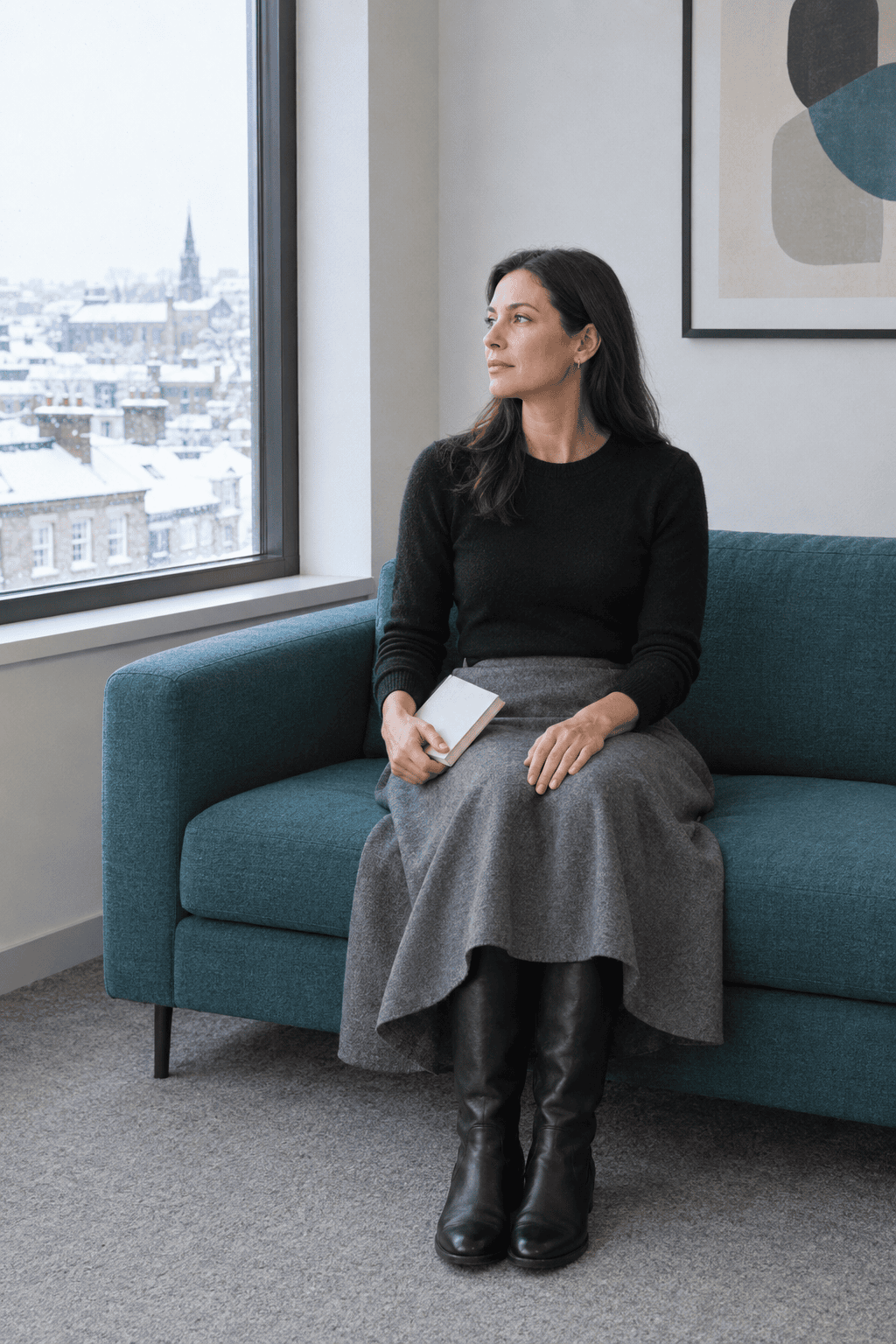 winter teacher outfit with a skirt: plain grey flared midi skirt, black merino crewneck sweater and tall flat black riding boots