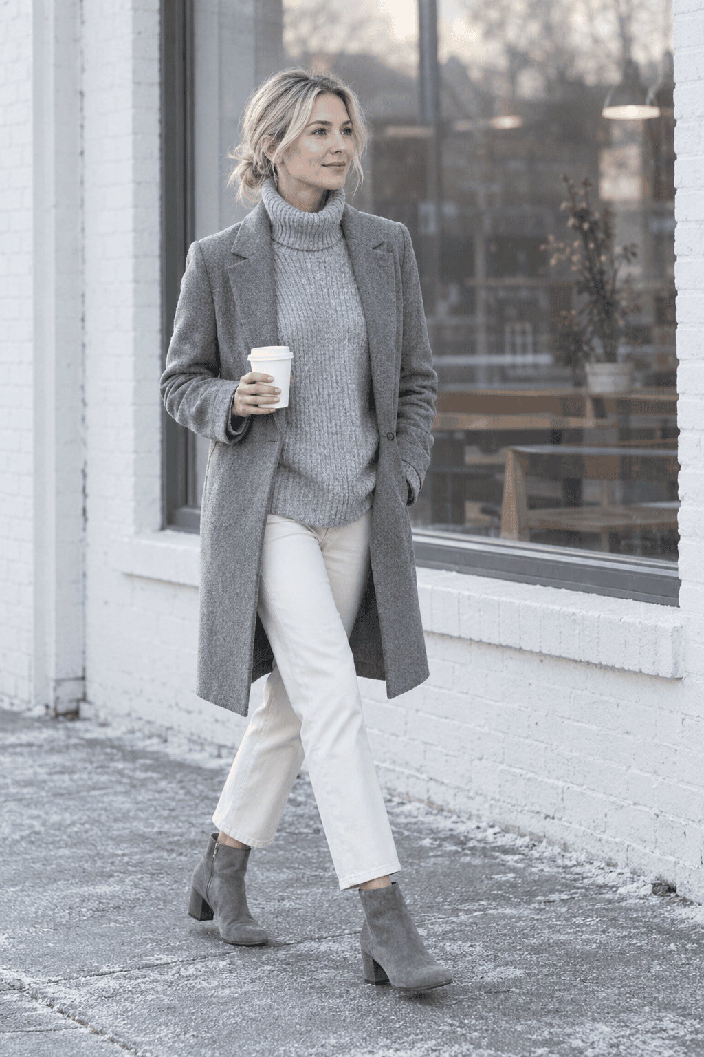 old money winter color combination grey and ivory: heather grey chunky cashmere turtleneck, ivory straight ankle jeans and grey suede ankle boots