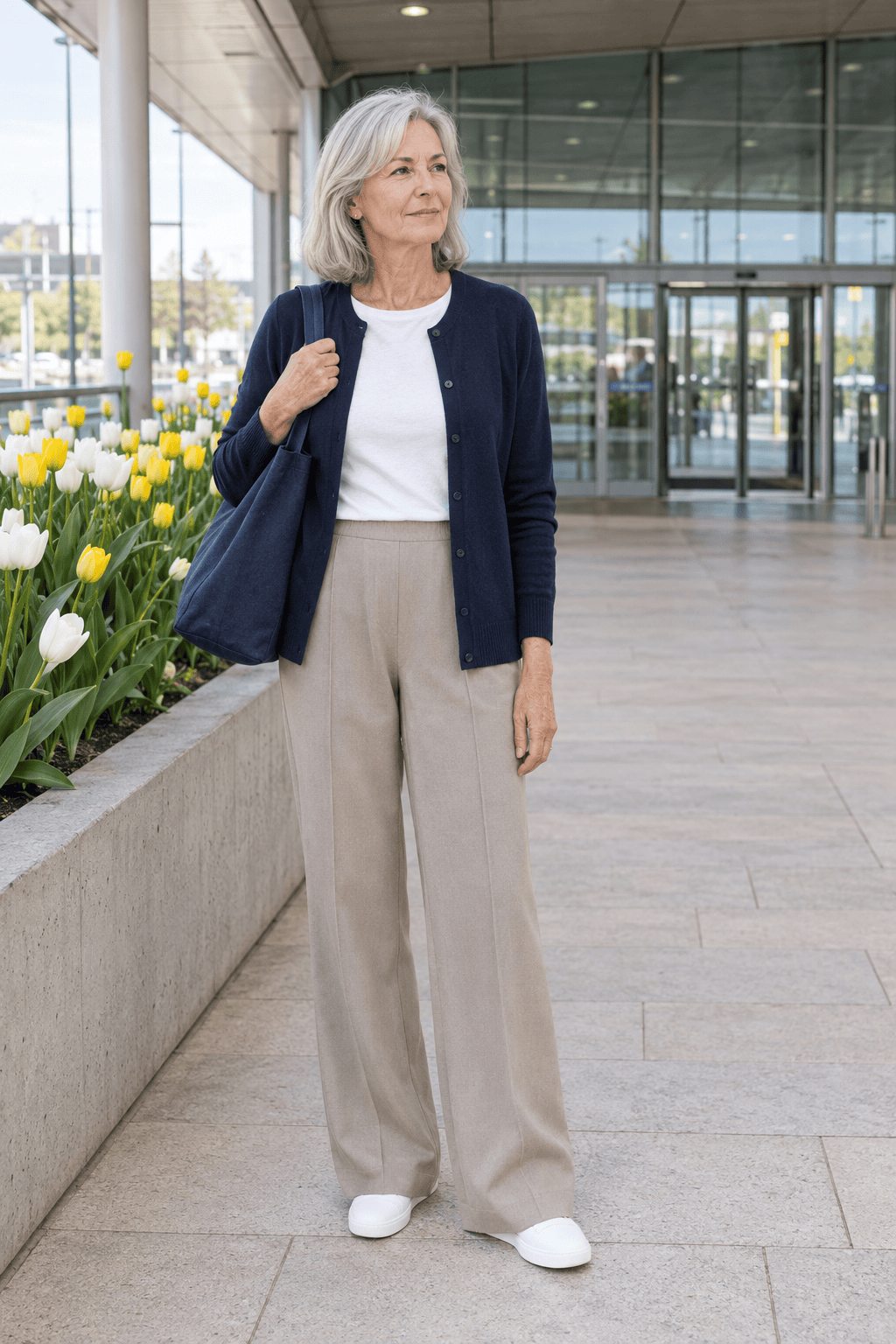 spring travel day outfit for women over 60: navy cotton cardigan over a white tee with light taupe wide-leg pull-on trousers and white slip-on sneakers