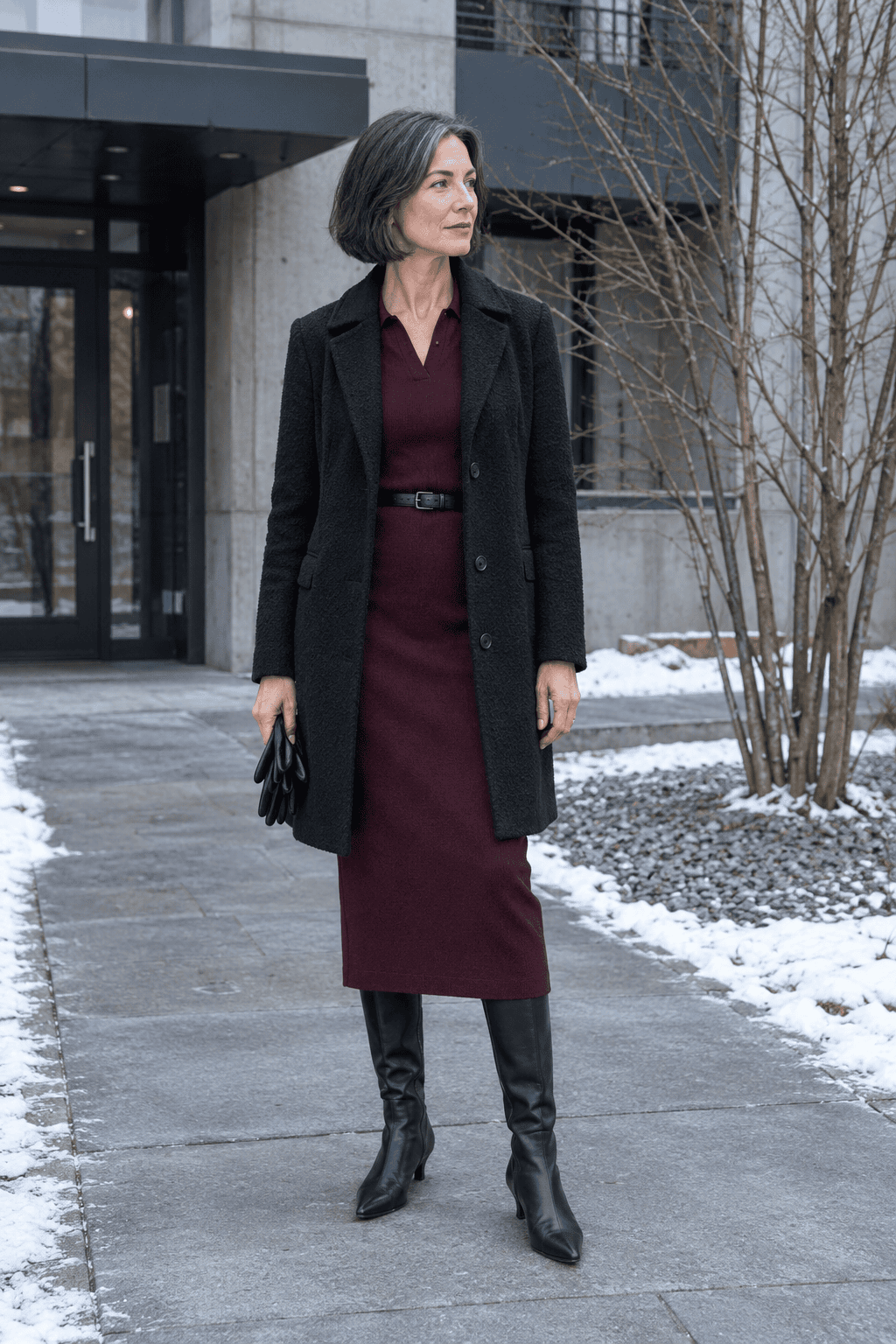 elegant winter outfit for women over 50: burgundy knit polo midi dress with a black tailored wool coat and black knee-high boots