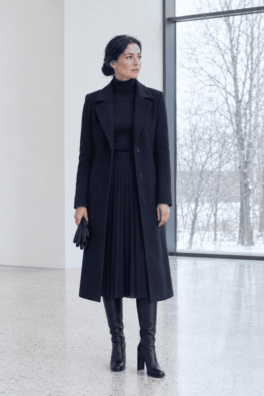 milan winter outfit old money in navy: long navy tailored coat, navy cashmere turtleneck, navy knife-pleated midi skirt and black leather block-heel knee boots
