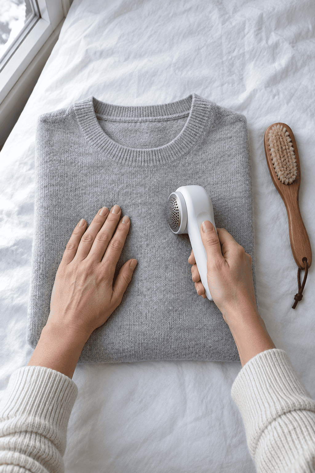 winter style tips for women: hands running a fabric shaver over a gray sweater laid flat beside a wooden clothes brush