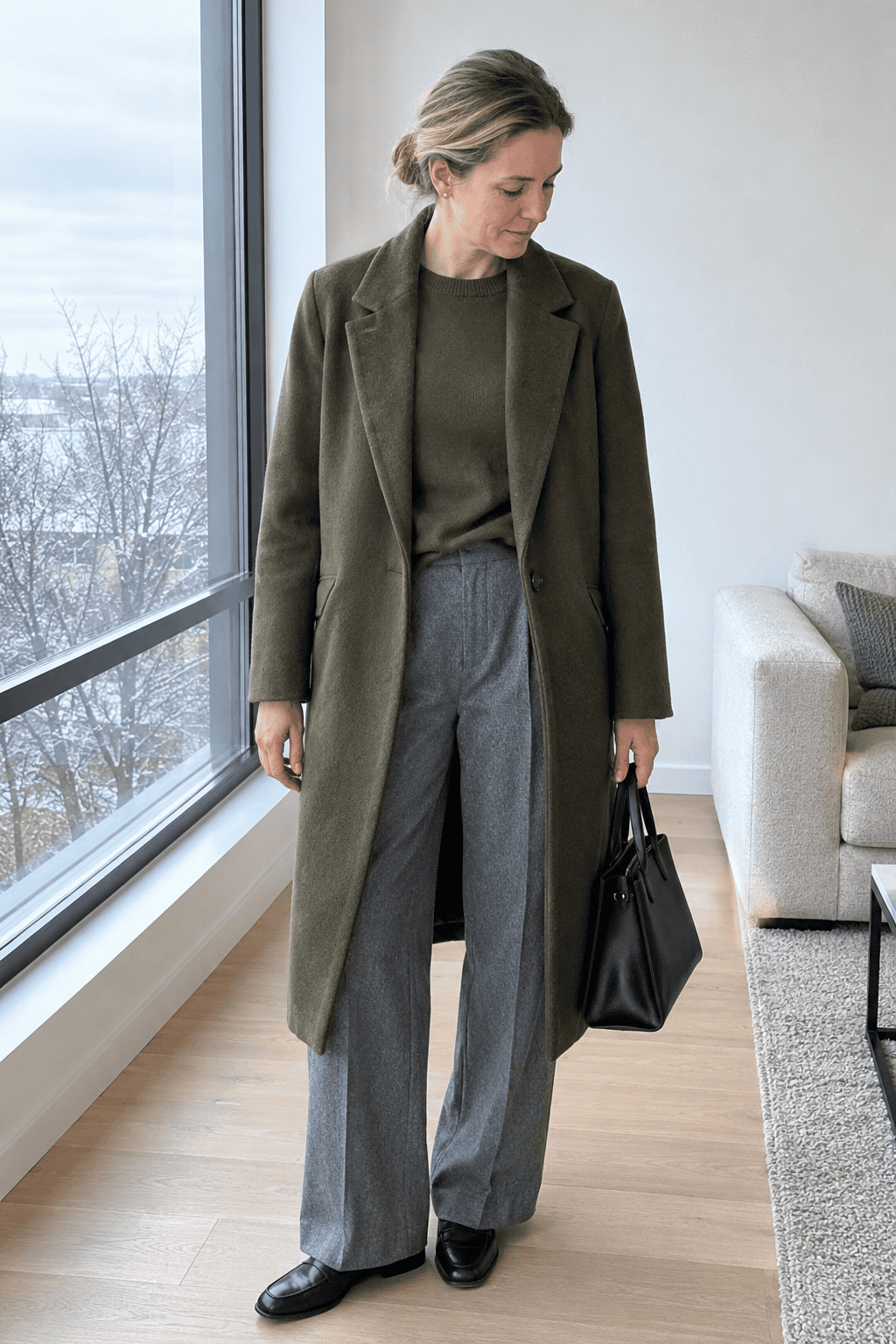 casual office winter outfit for women over 40: olive wool coat, olive cashmere crewneck, medium grey wide-leg wool trousers and black penny loafers