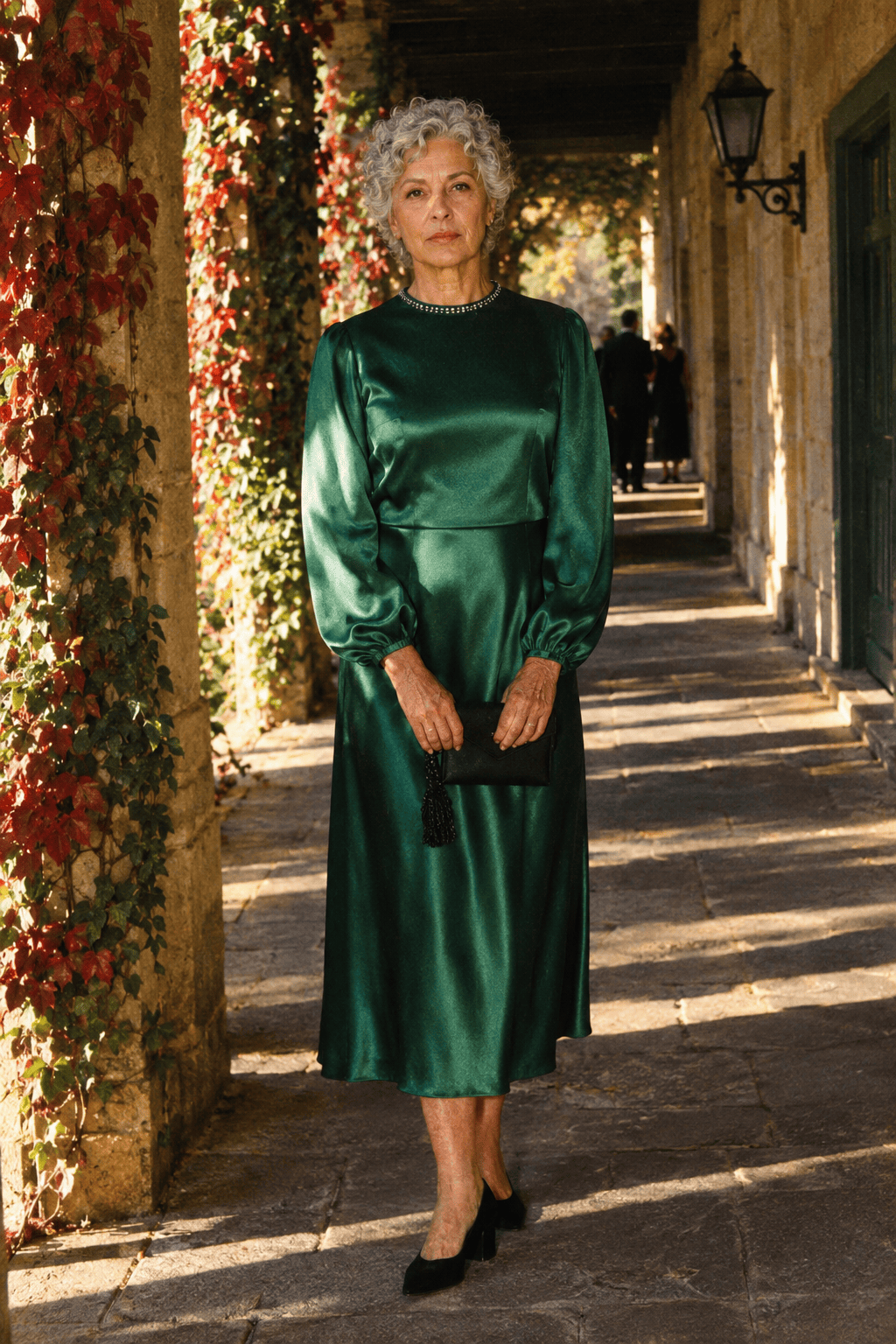 formal evening wedding guest outfit for women over 70: emerald satin long-sleeve tea-length dress with black suede block-heel pumps and a black satin clutch