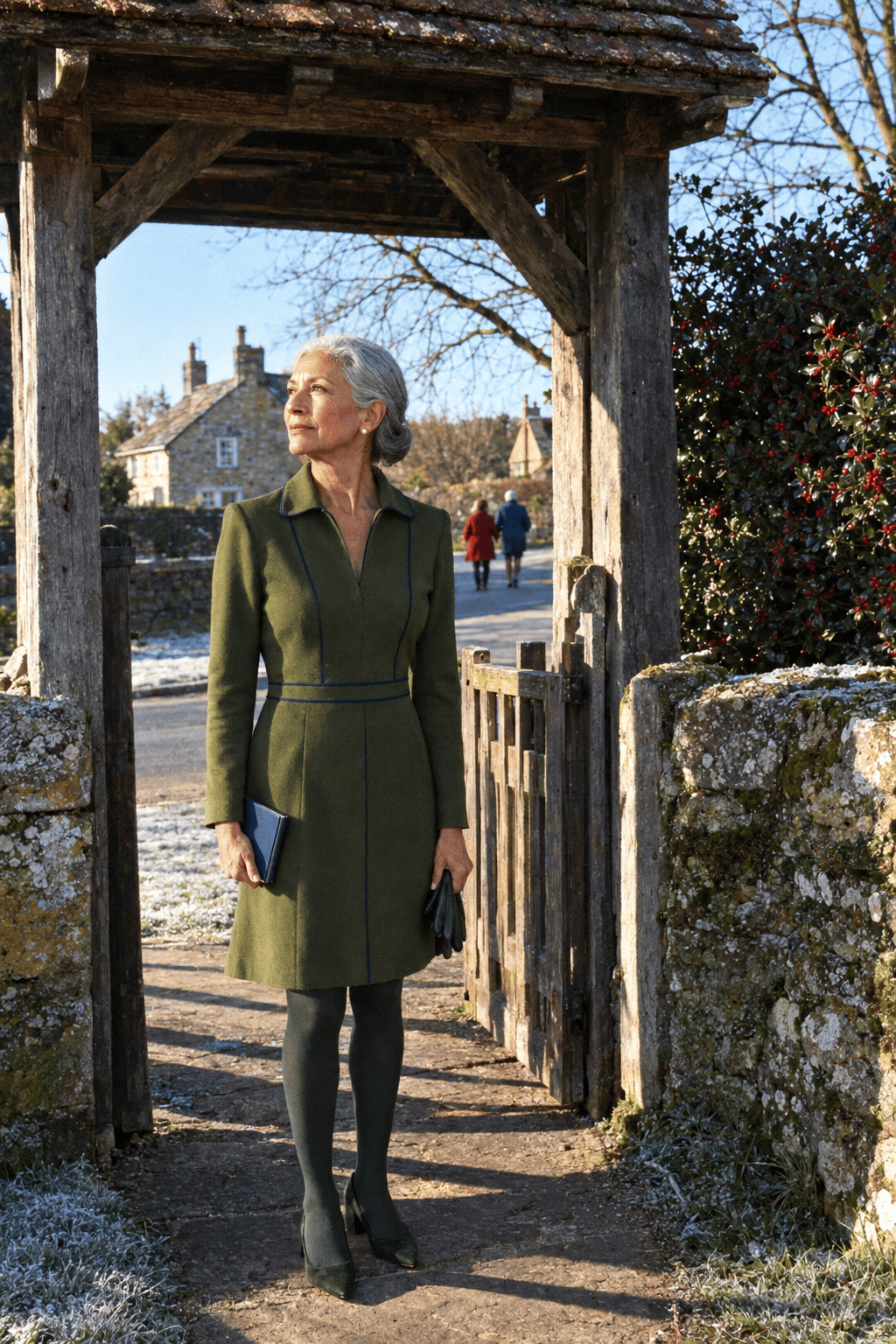 petite church outfit for women over 70: long-sleeve moss green ponte dress with navy piping above the knee, green opaque tights and dark green suede pumps