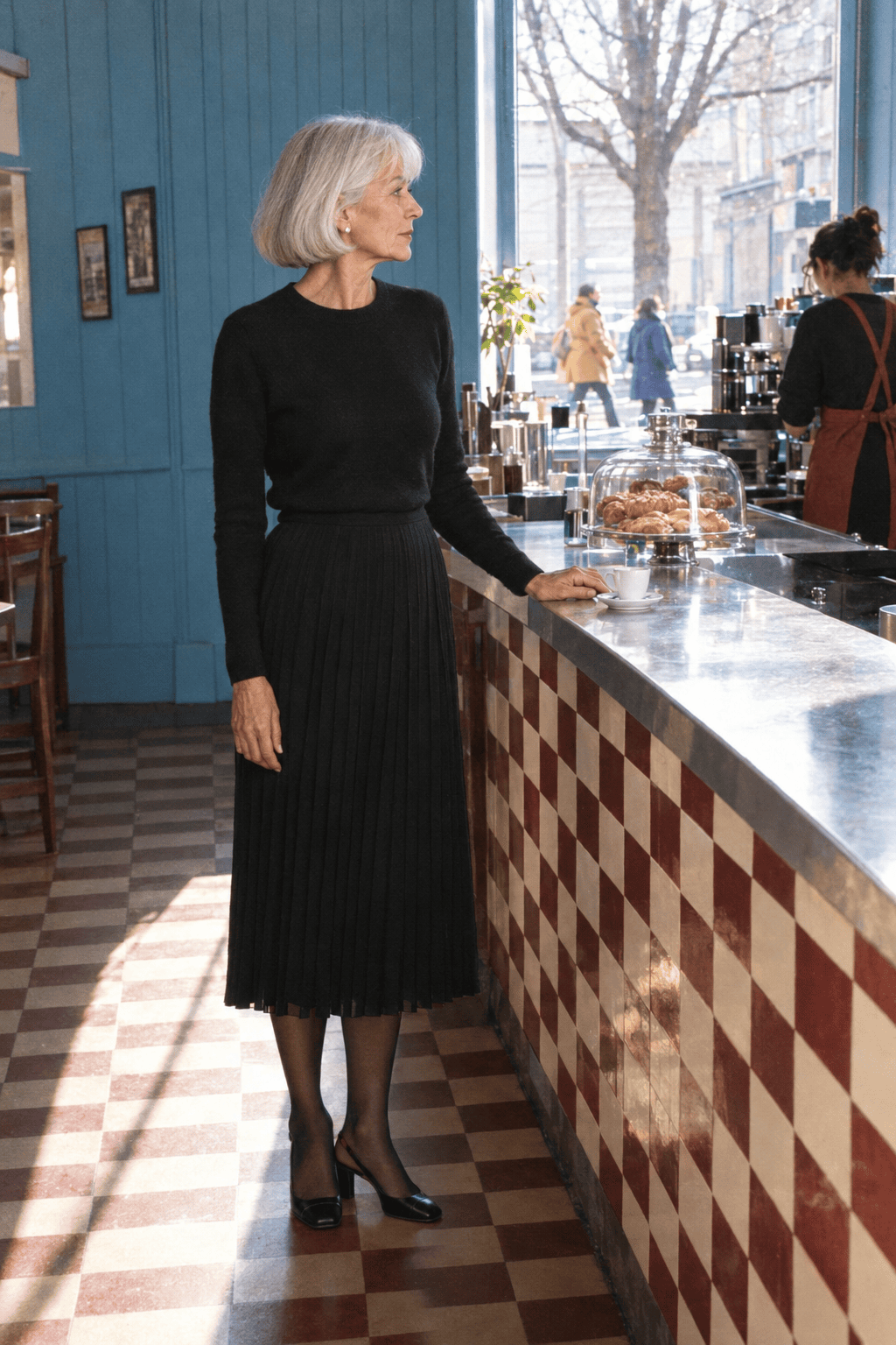 elegant all-black dinner outfit for a woman in her 70s: black merino crewneck sweater, black pleated chiffon midi skirt and black cap-toe slingbacks