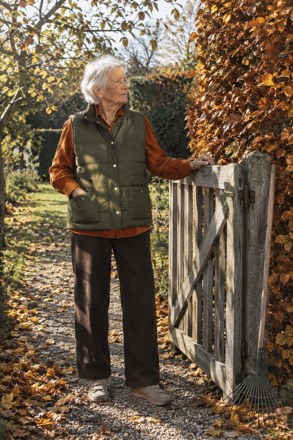 easy fall walking outfit for a woman in her 80s: olive snap-front puffer vest, rust-orange corduroy shirt, dark brown wide-leg pull-on trousers and triple-strap suede sneakers