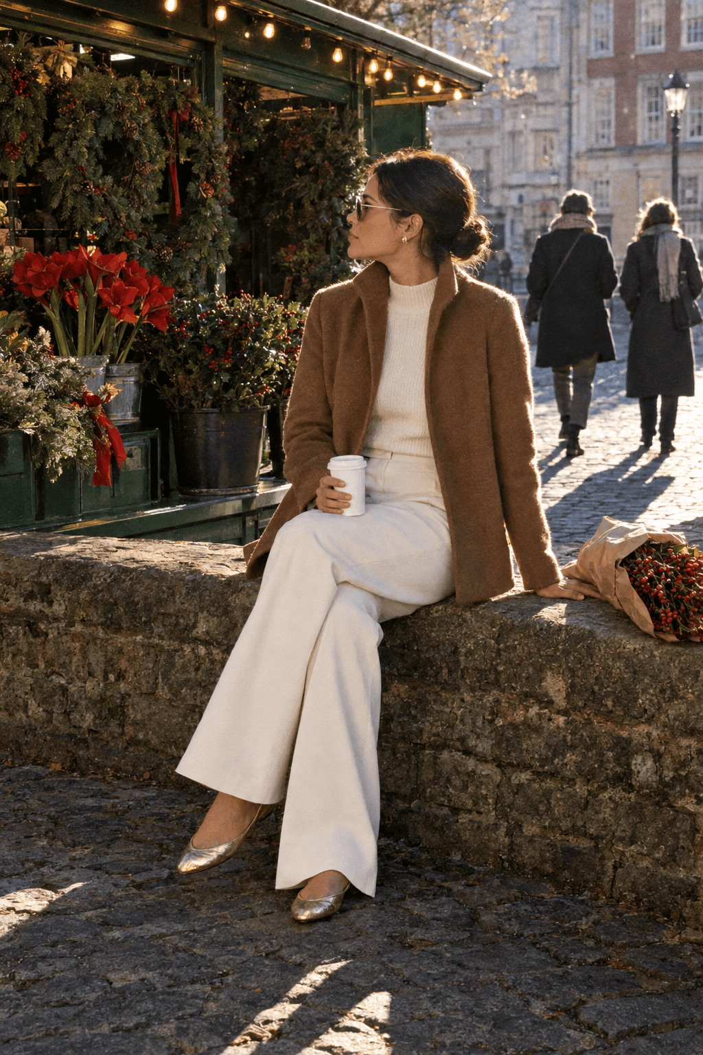 winter white christmas party outfit: cream rib-knit mock-neck sweater with puff sleeves, ivory wide-leg trousers and a short dark camel coat