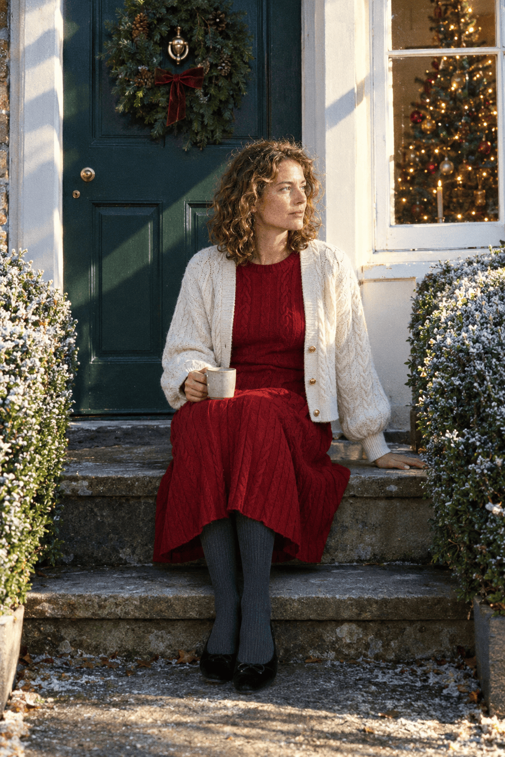 cozy red Christmas dress outfit: crimson cable-stitch knit midi dress with a chunky ivory cotton cardigan for Christmas Day at home