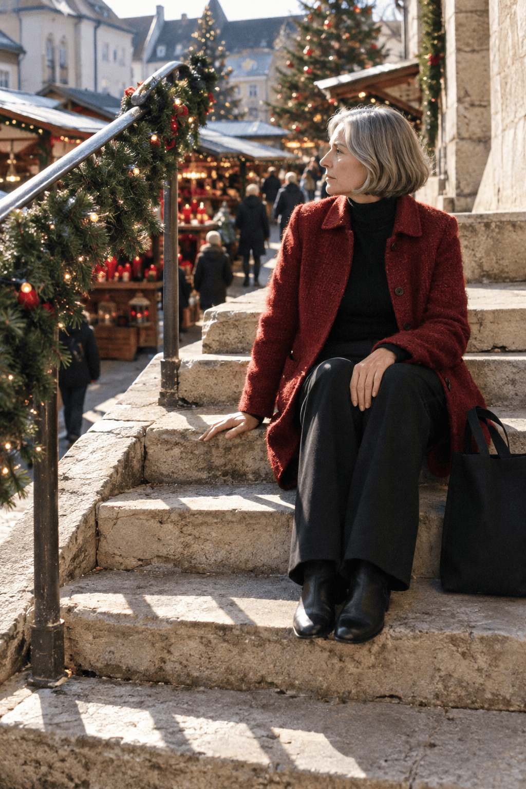 evening christmas market outfit with a thigh-length wine red wool coat, black turtleneck and black wide-leg trousers