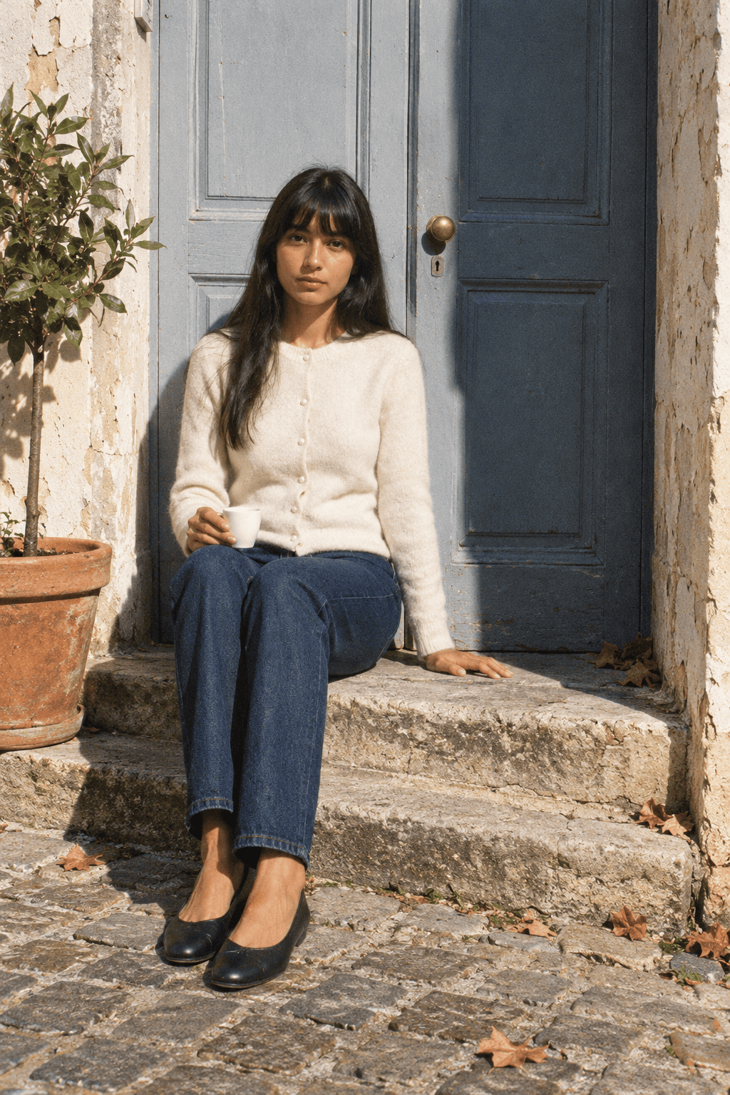 Old money brands for women: Sezane ecru Gaspard cardigan with dark straight jeans