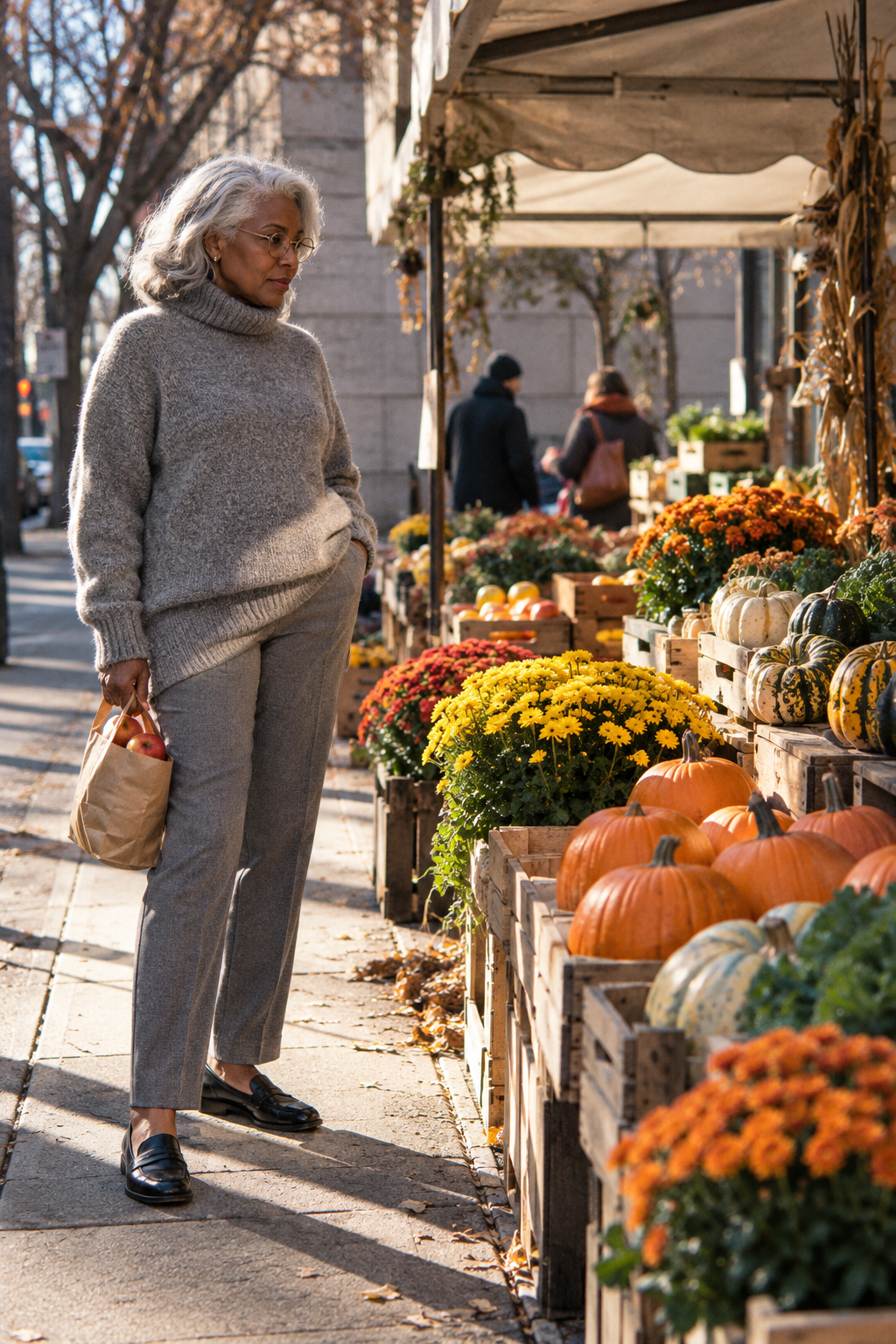 women over 60 thanksgiving outfit: heather grey cashmere fisherman sweater, grey ponte pants and black loafers