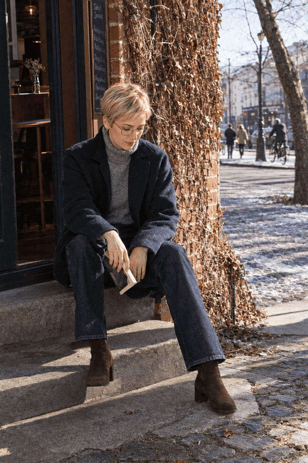 winter date night outfit: navy double-faced wool jacket over a grey cashmere turtleneck with dark jeans and heeled Chelsea boots