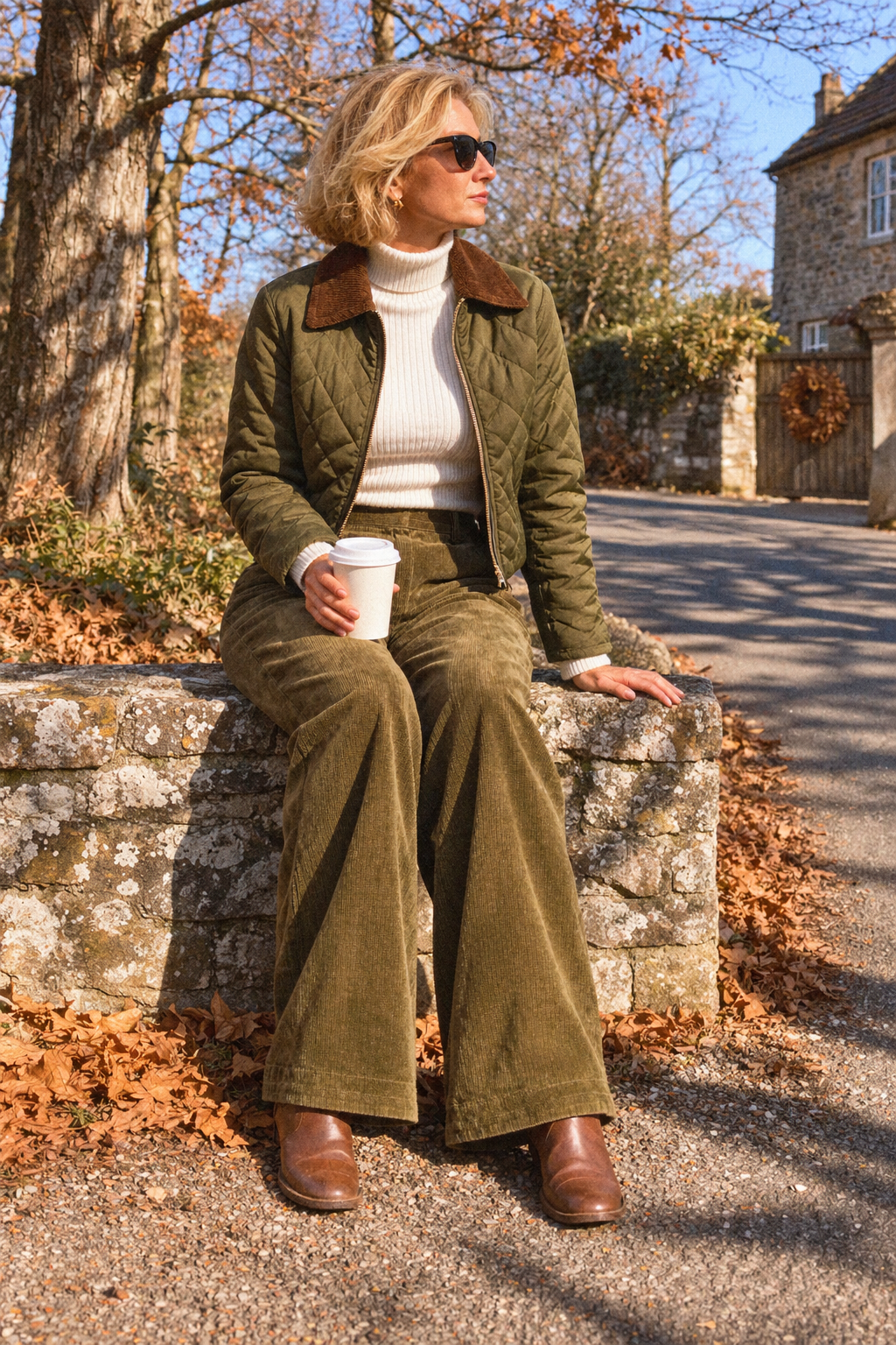 Friendsgiving outfit idea for a country house: olive wide-leg corduroy trousers, winter-white ribbed turtleneck and olive cropped quilted jacket with a brown corduroy collar