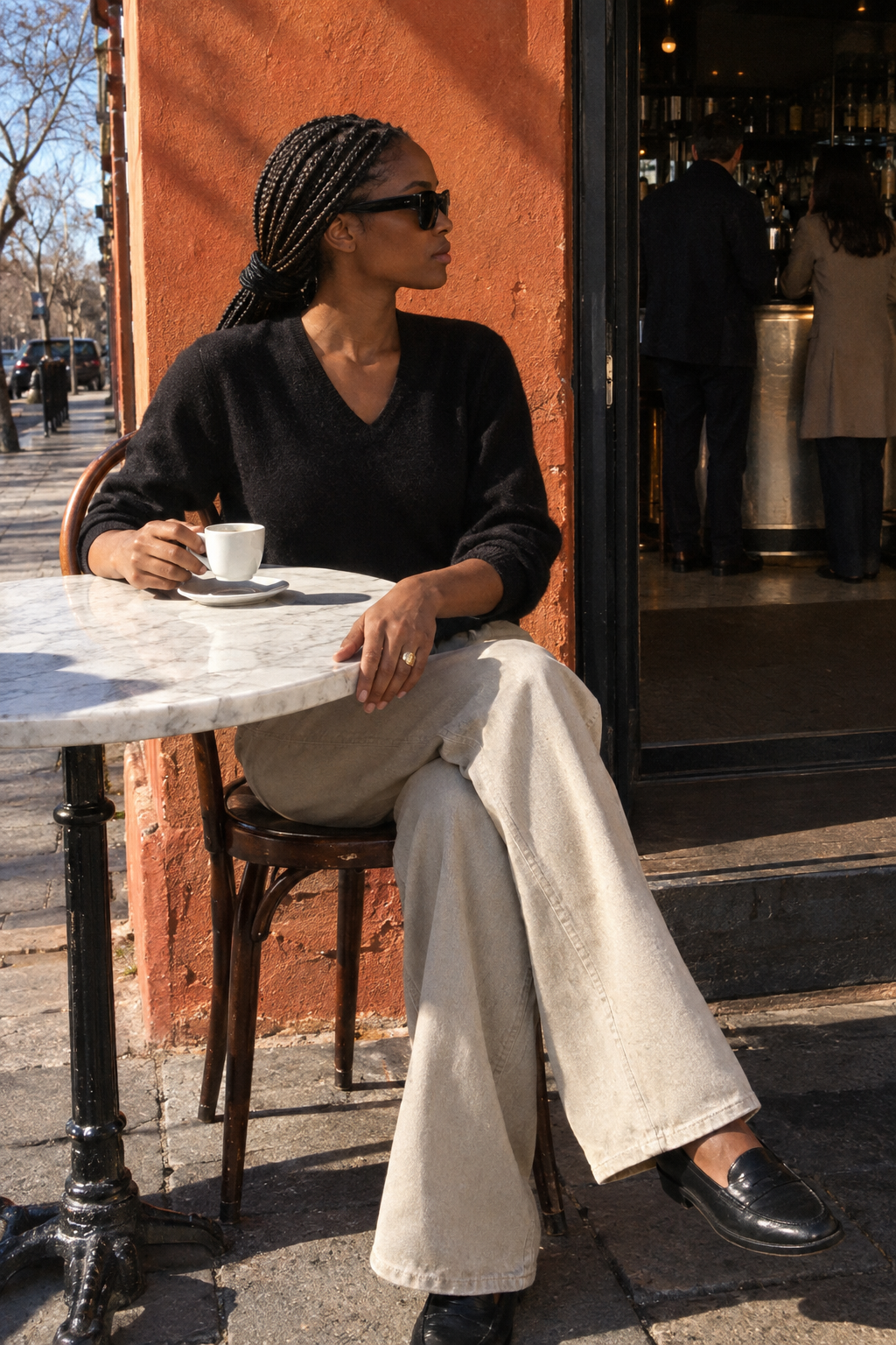 old money habit of one quiet accessory: gold signet ring, sand wide-leg jeans and black cashmere v-neck sweater