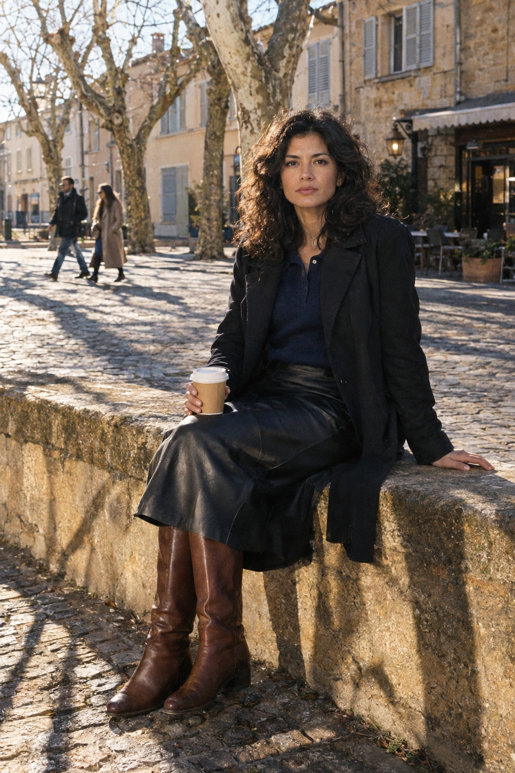 smart casual winter dinner outfit: navy cashmere polo, black faux leather midi skirt, chestnut riding boots and a black trench coat