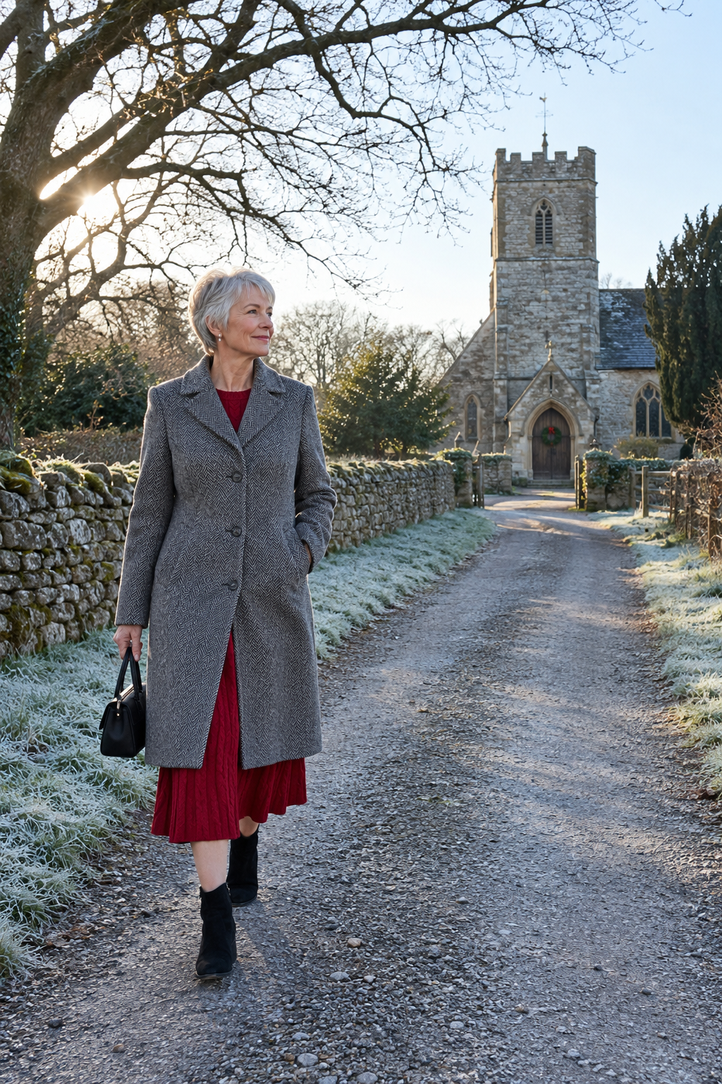 christmas church outfit: grey herringbone wool coat over a crimson red cable-knit midi dress with black suede ankle boots