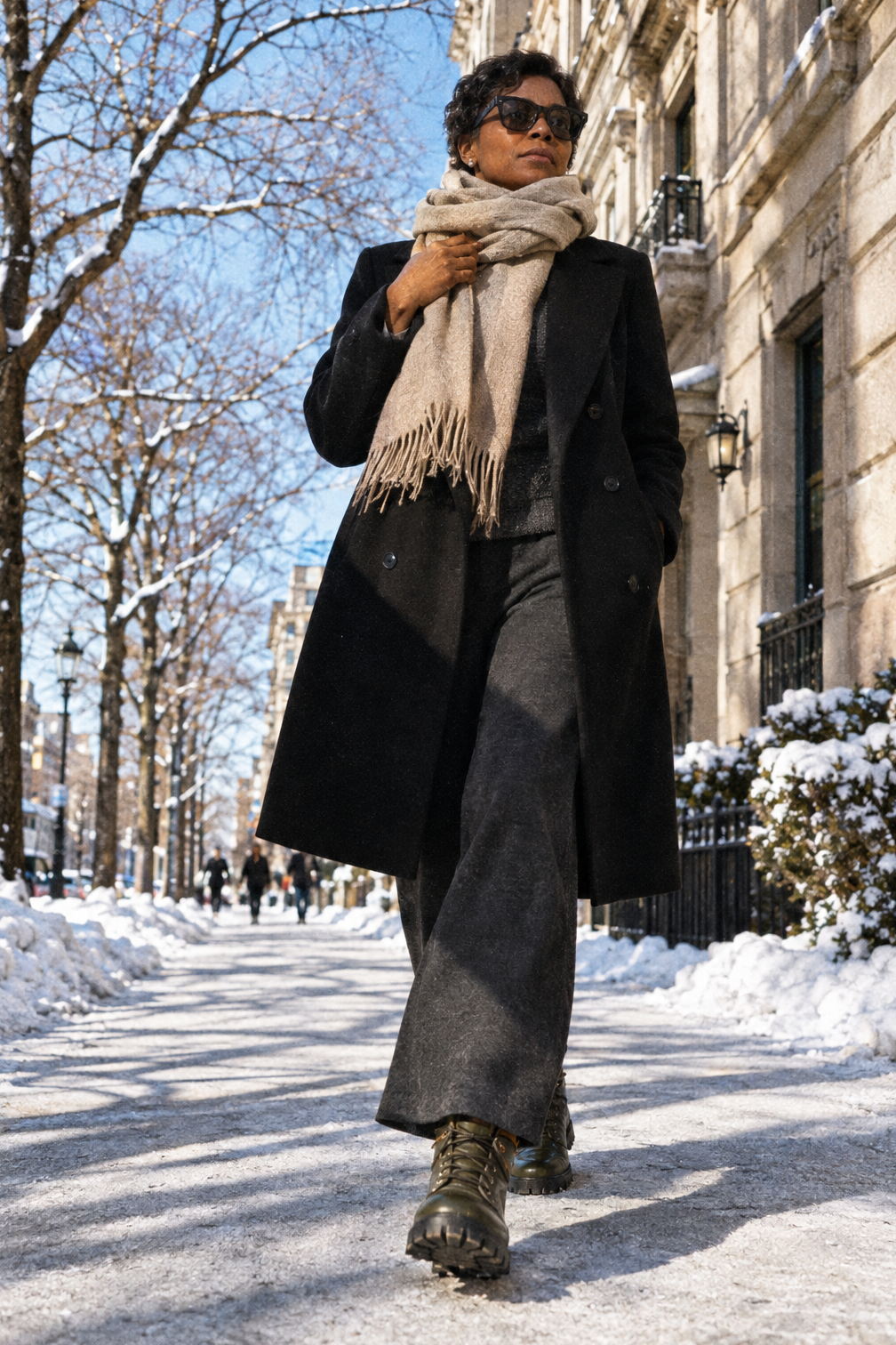 snow outfits for women: black insulated double-breasted wool coat, dark gray wide-leg pants, sand pashmina scarf and olive green waterproof duck boots on a snow-lined avenue