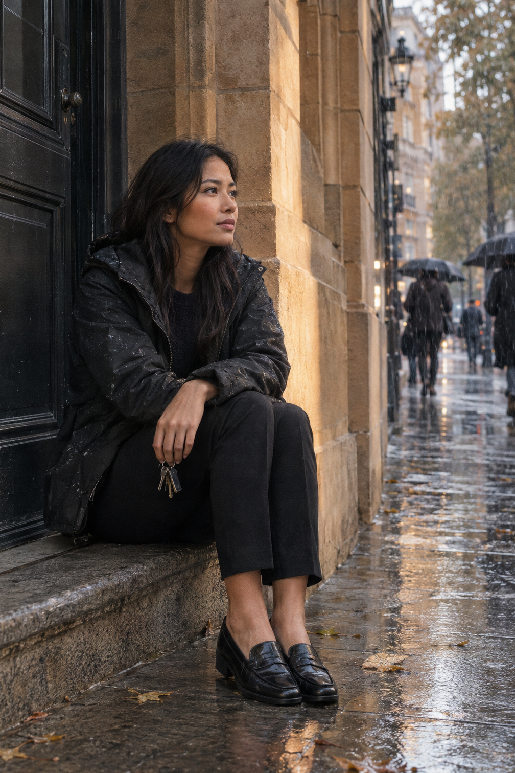 work outfit for light rain: black hooded rain jacket, slim black ponte ankle trousers and black leather penny loafers