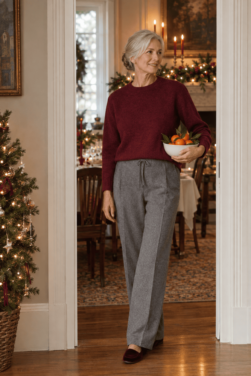 christmas hosting outfit for women over 60: wine cashmere crewneck, grey wool flannel trousers and bordeaux velvet slippers beside a set table