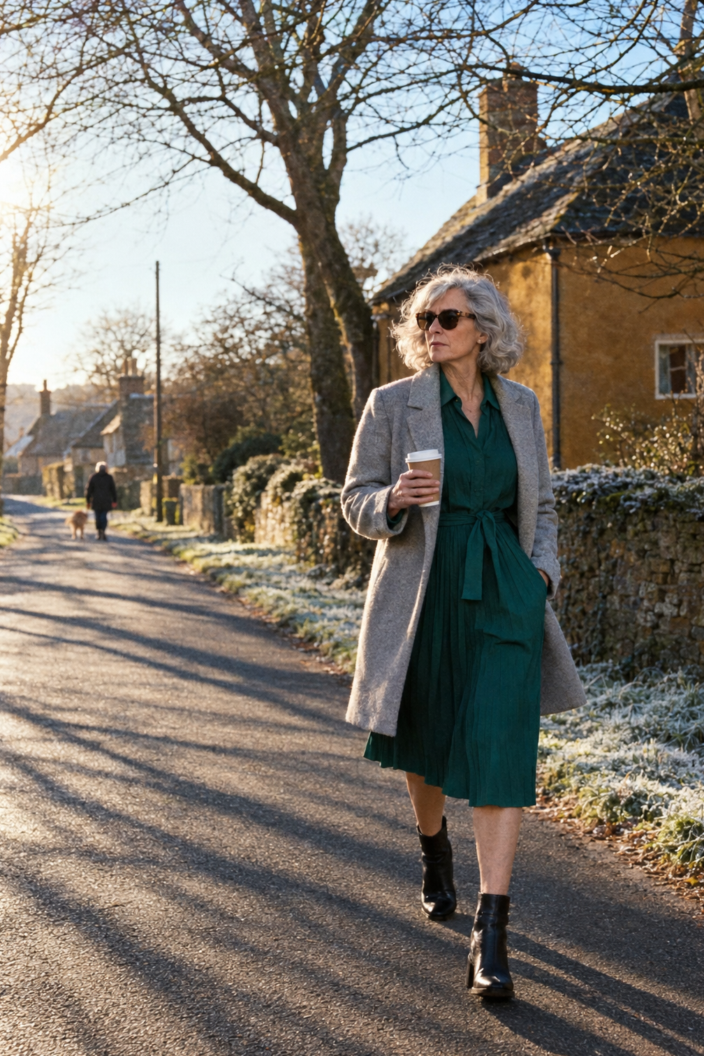winter mother of the groom outfit over 60: teal-green belted pleated shirt dress, heather grey wool coat worn open and black leather ankle boots