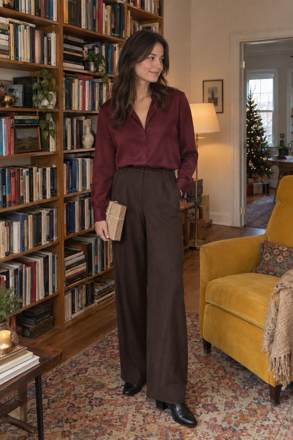 understated boxing day outfit: wine red silk notch collar blouse with dark brown wide trousers and black leather ankle boots