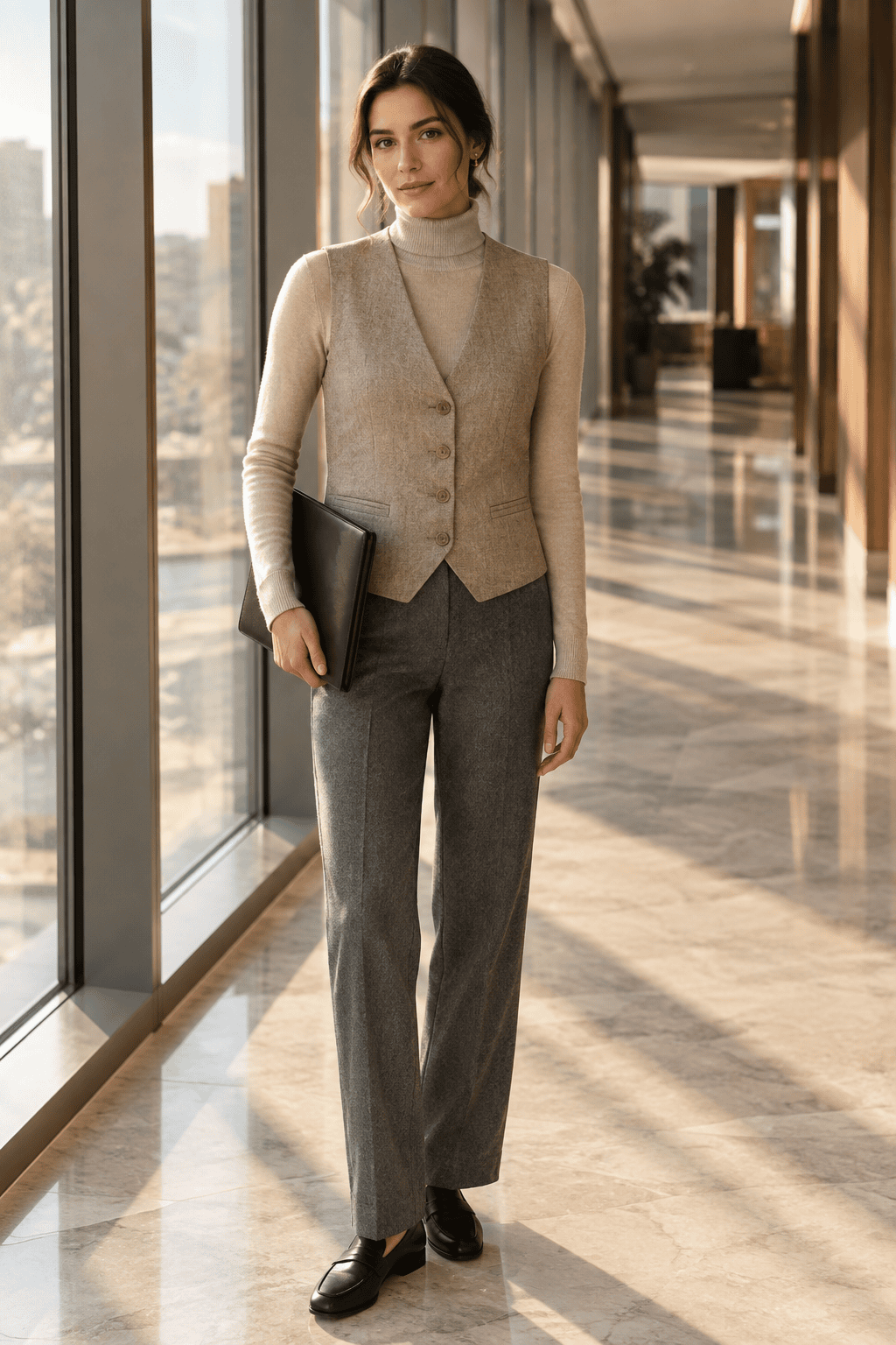 cool-weather linen outfit: stone linen waistcoat layered over a cashmere turtleneck with grey wool trousers