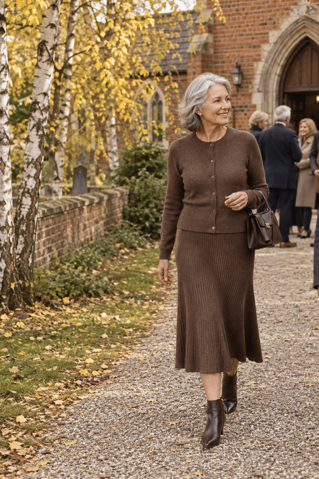 petite outfit for women over 60 for church: brown cashmere rib knit midi skirt with matching buttoned cardigan and dark brown kitten-heel ankle boots