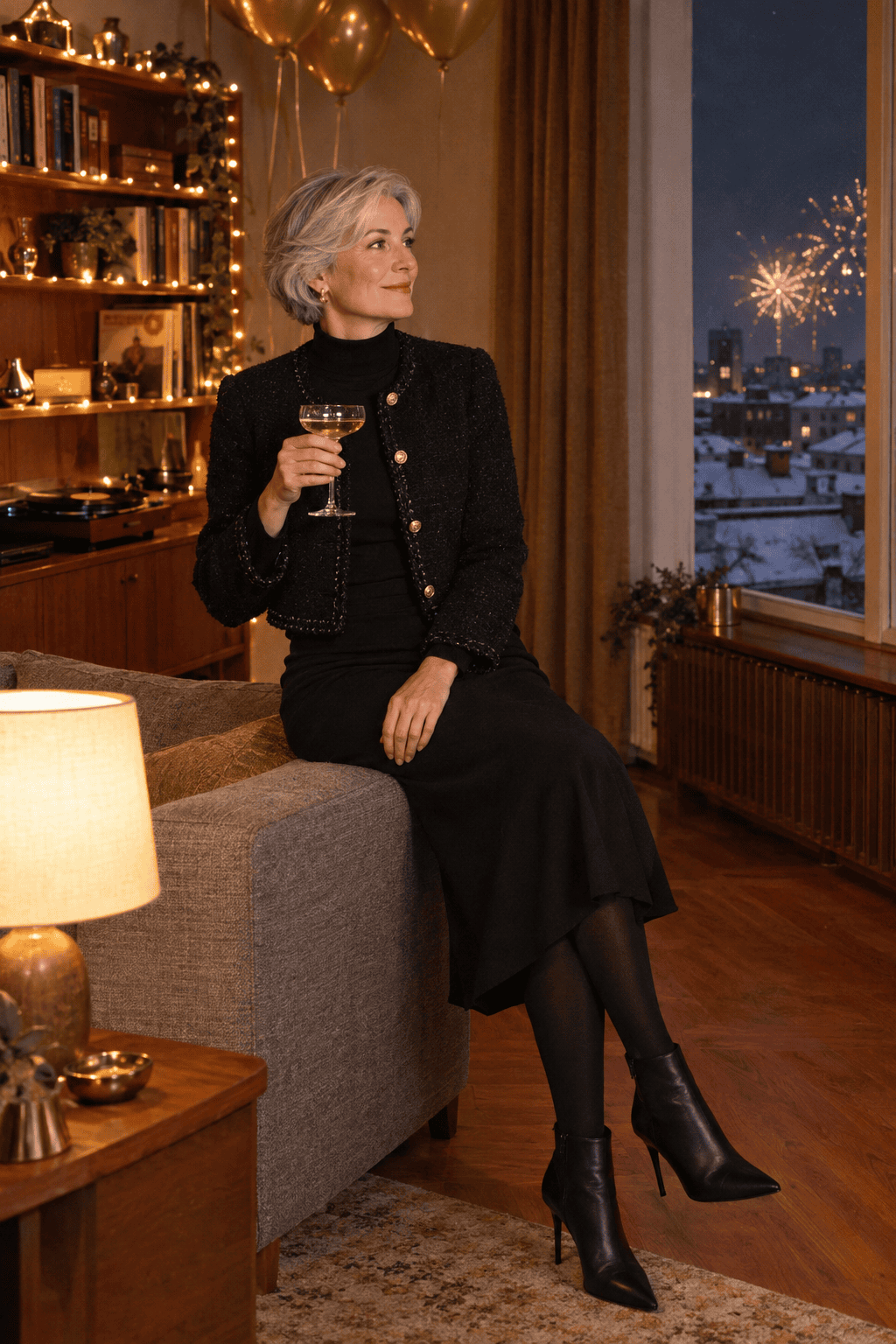 new years eve party outfit: black tweed jacket with braided trim and gold buttons over a black turtleneck midi dress with black tights and black leather ankle booties