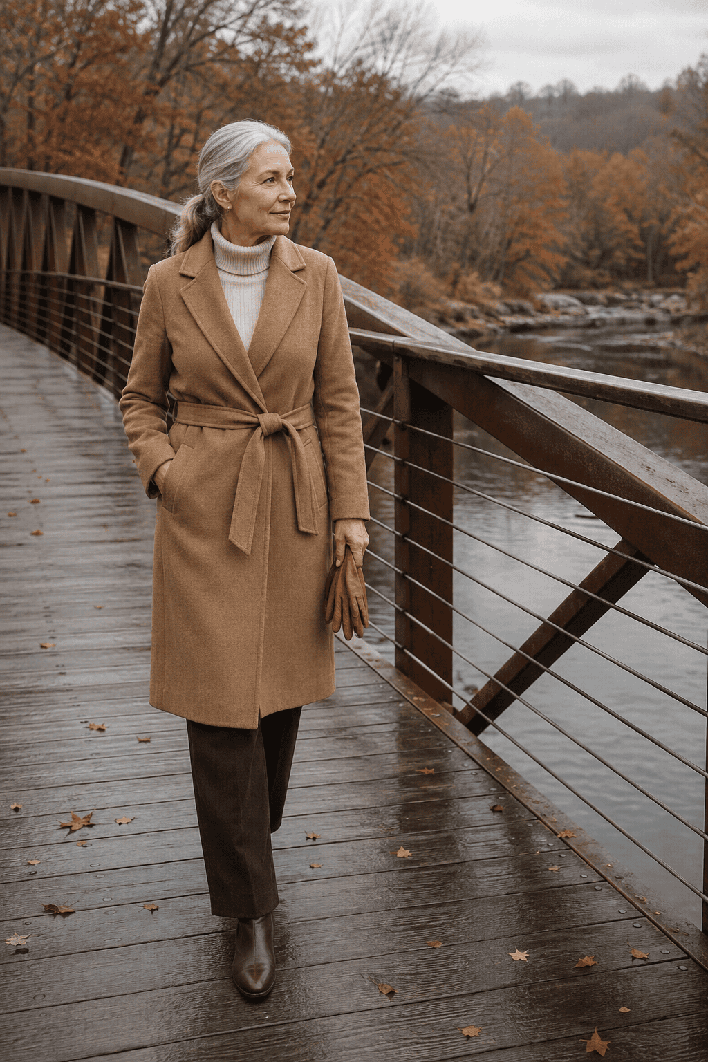 woman in her 60s wearing a belted wrap coat and half-tucked knit to define the waist