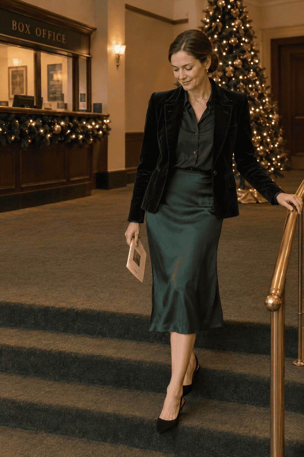 Nutcracker matinee outfit: black velvet blazer, black silk shirt and forest green silk skirt with black suede slingback flats