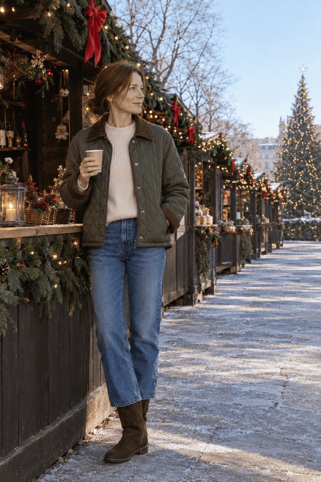 christmas market outfit for women over 40: olive quilted jacket over an ivory cashmere sweater with straight-leg jeans and espresso suede boots