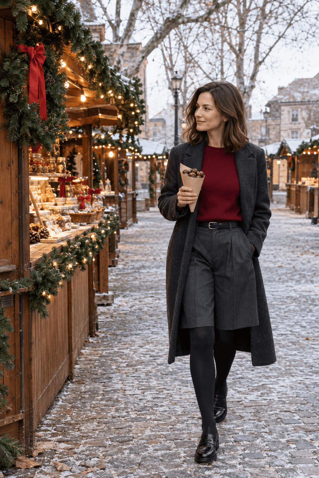 red sweater Christmas market outfit: red cashmere crewneck tucked into dark grey belted bermuda shorts with black opaque tights and black leather penny loafers