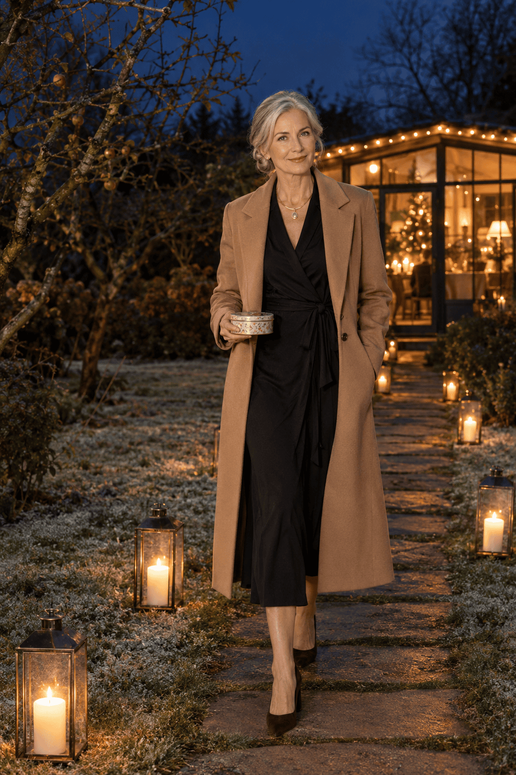 classy new years eve dinner outfit over 60: black silk jersey wrap midi dress, gold crystal collar necklace, brown suede pumps and a camel coat