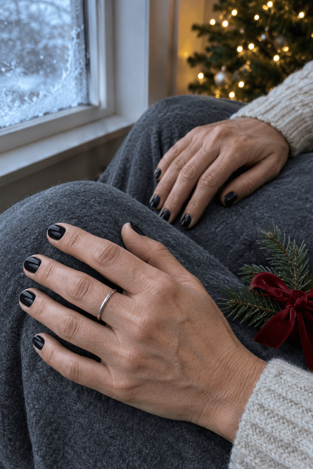 midnight navy christmas nail color on short oval nails resting on grey flannel with a silver ring and fir sprig
