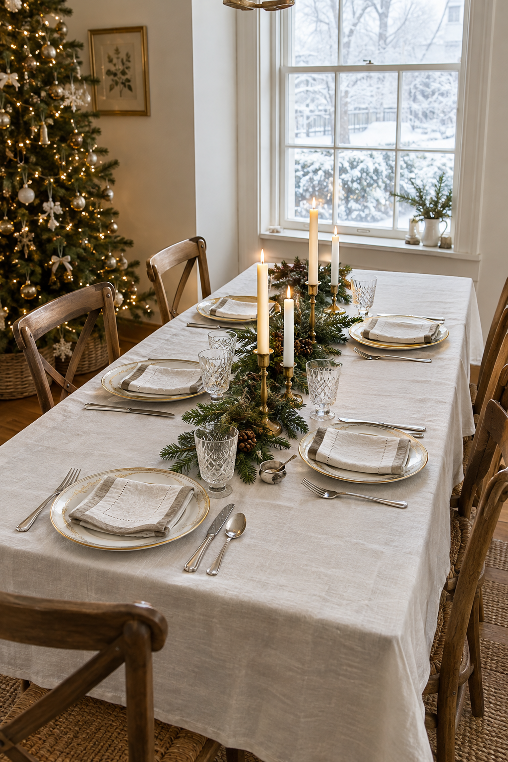 elegant christmas traditions: a holiday dining table with a white linen tablecloth, cream hemstitched linen napkins, ivory candles, evergreen garland and heirloom china