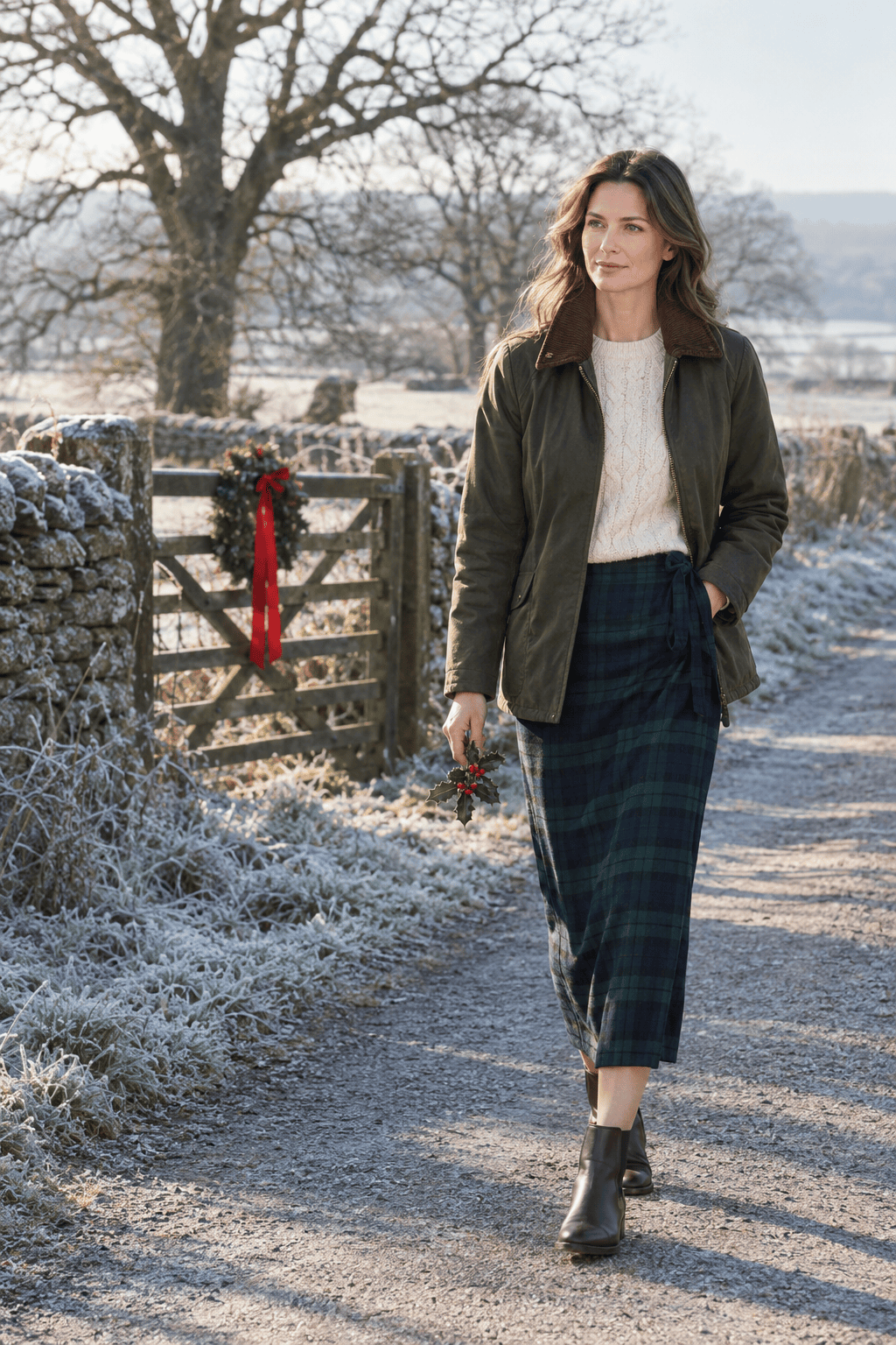 how to style a tartan skirt for a Boxing Day country walk: olive waxed cotton jacket over a cream cable-knit and a slim Black Watch plaid midi skirt with dark brown leather Chelsea boots
