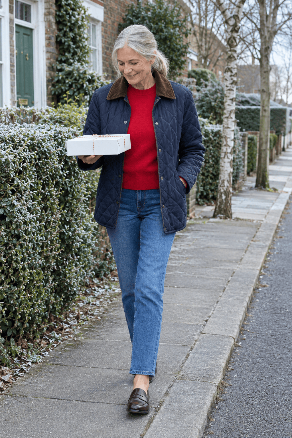 school Valentine's party outfit for grandmothers over 60: red cashmere crewneck, straight blue jeans, navy Barbour quilted jacket and brown penny loafers