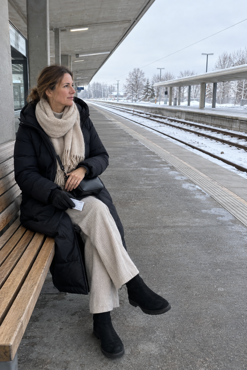 winter travel day outfit: long black hooded down coat over an oatmeal cashmere sweater and knit trousers with black suede ankle boots