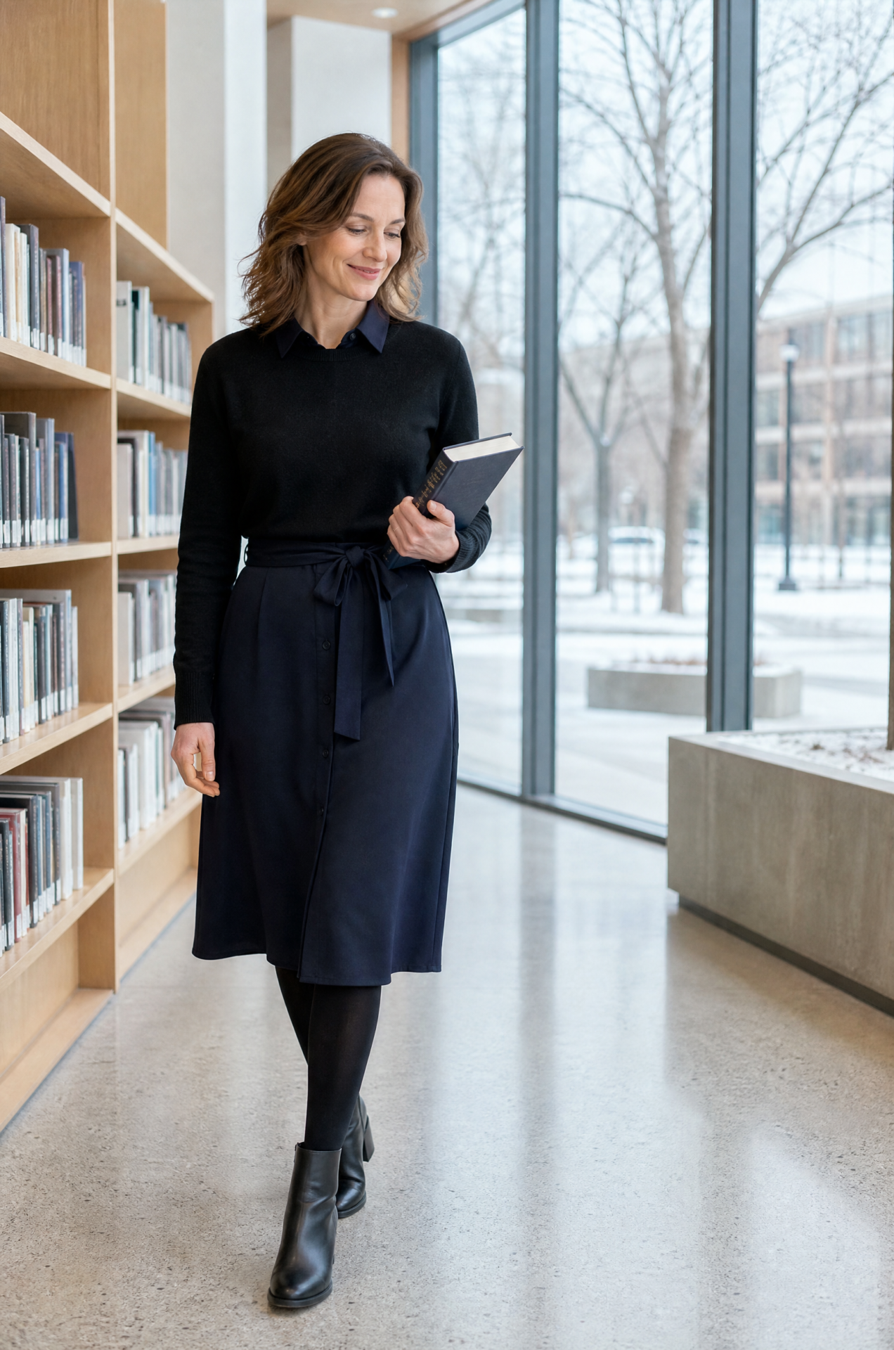 winter office outfit with ankle boots: navy belted midi shirt dress with a black cashmere crewneck layered over, black tights and black leather block-heel ankle boots