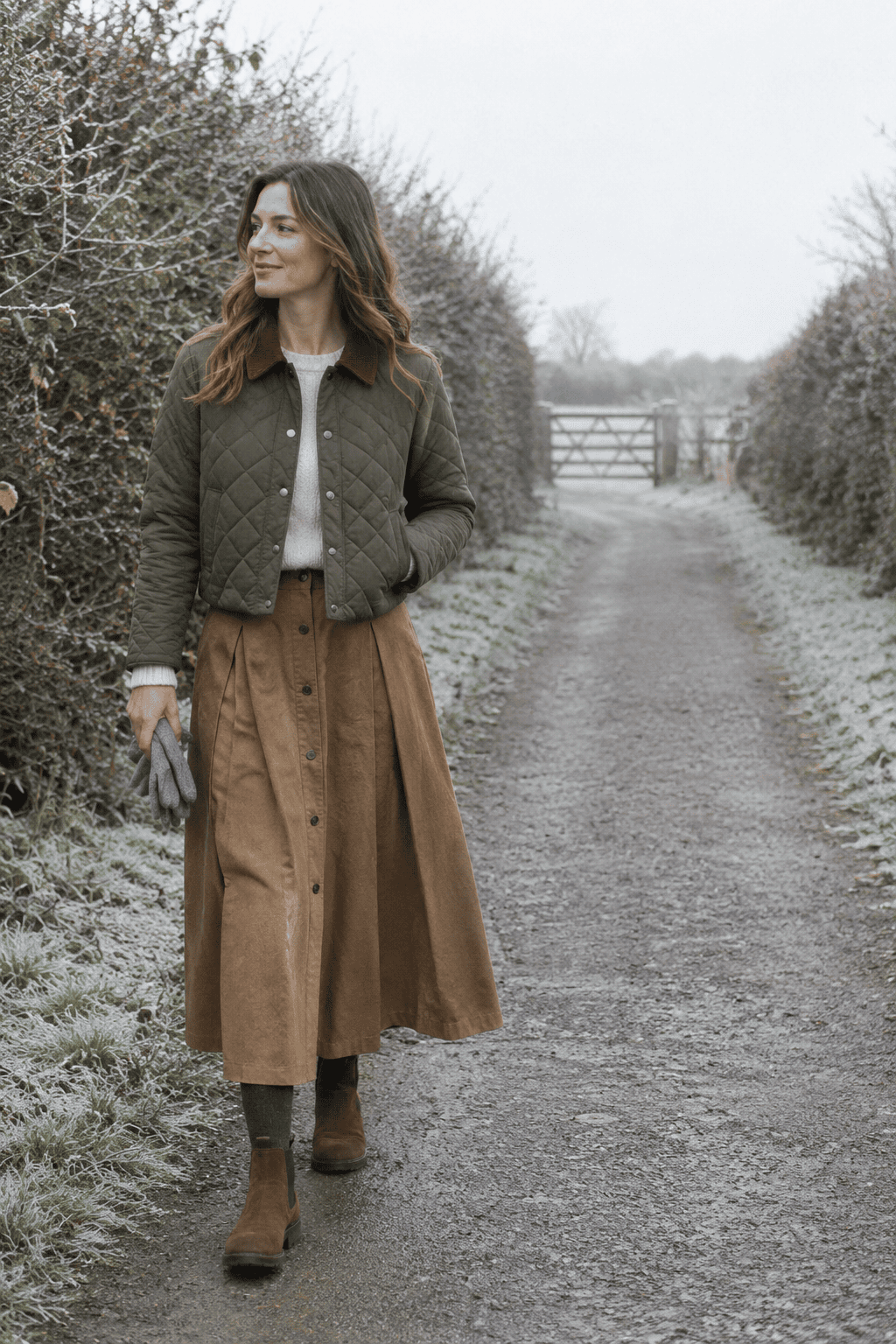long skirt winter outfit for a country walk: caramel-brown pleated maxi skirt with a cropped olive quilted jacket and tobacco suede Chelsea boots