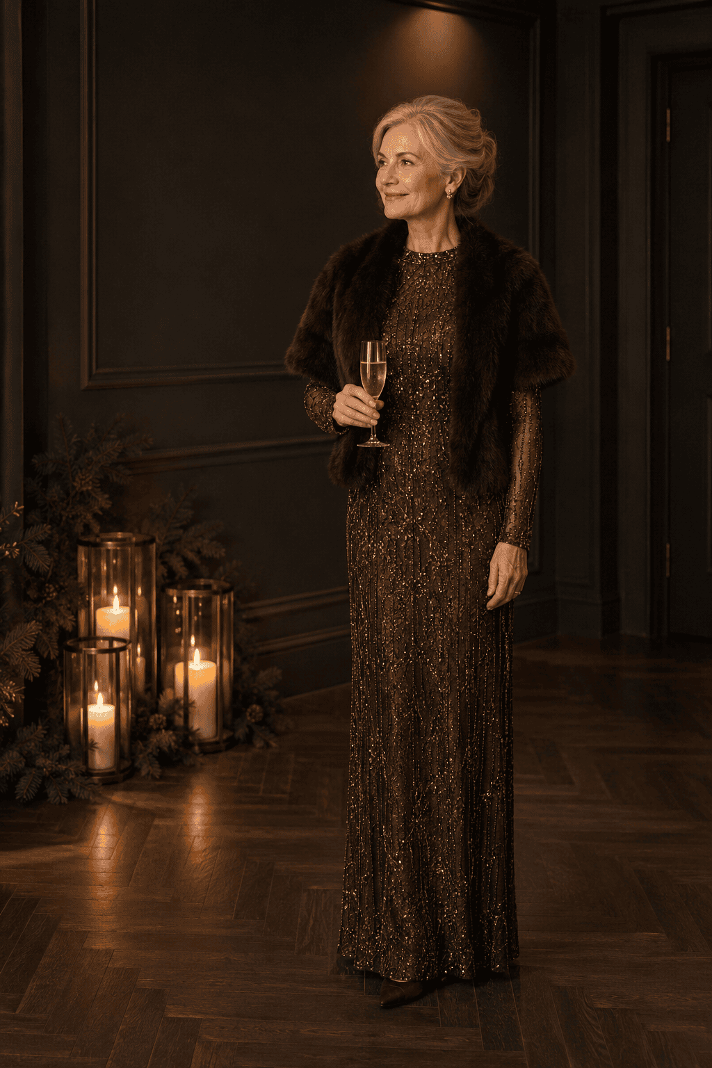 mother of the bride evening winter wedding outfit: dark bronze beaded long-sleeve high-neck gown, dark brown faux fur short-sleeve cover-up and dark brown suede pumps