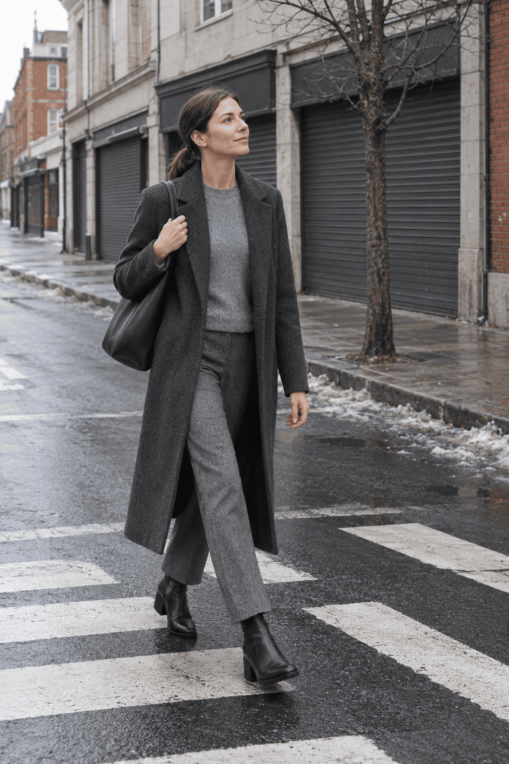 tonal winter layering without bulk: woman in a grey knit, grey trousers and a charcoal wool coat on a cold city street