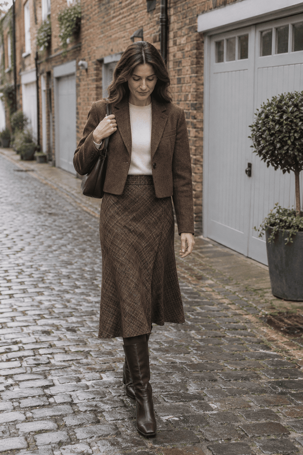 what to wear in London in winter for a Sunday roast: brown check wool midi skirt, ivory cashmere sweater, cropped brown wool jacket and dark brown knee-high boots