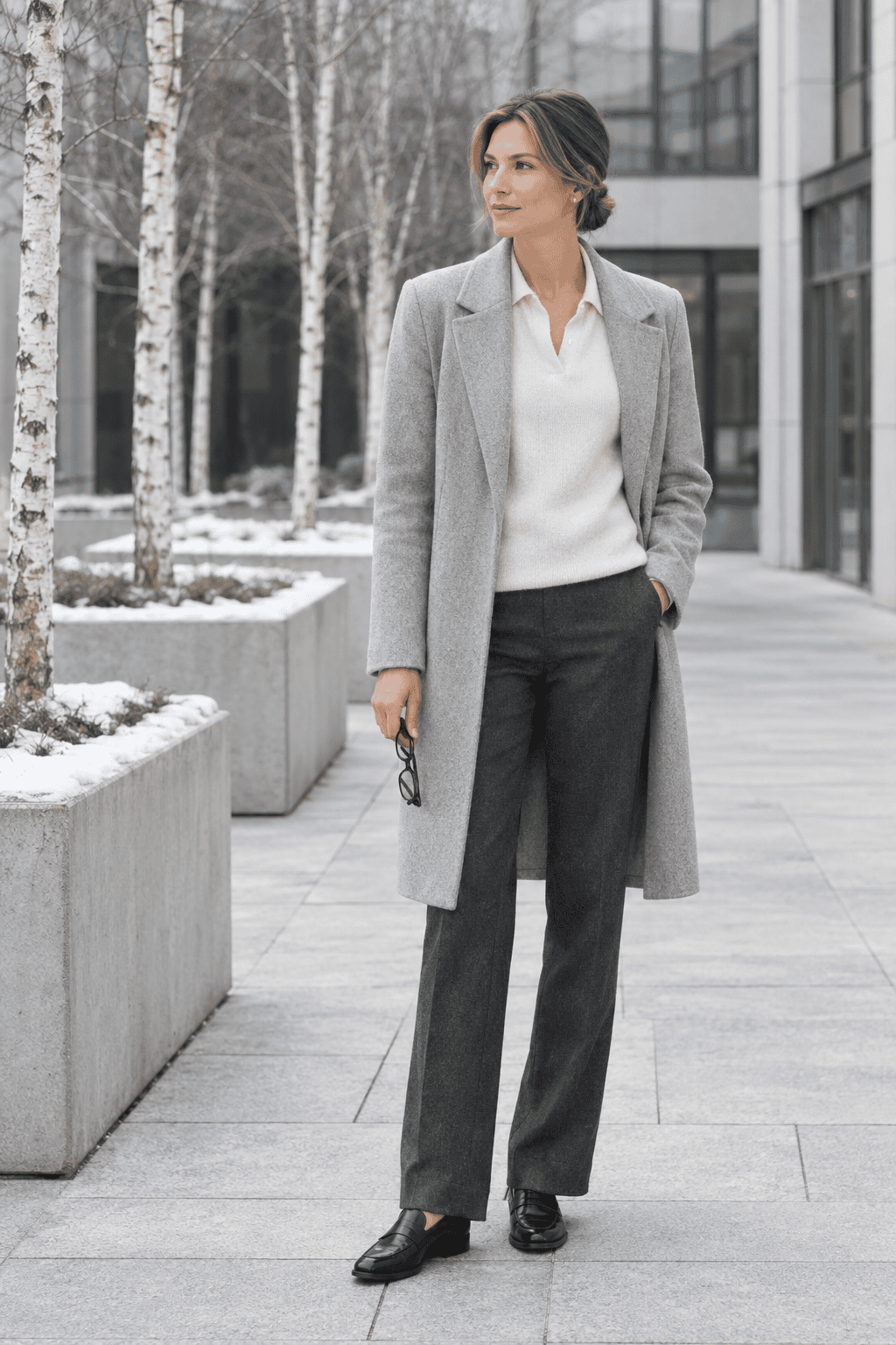 simple winter office outfit that looks expensive: ivory cashmere polo sweater, mid grey flannel trousers and black penny loafers