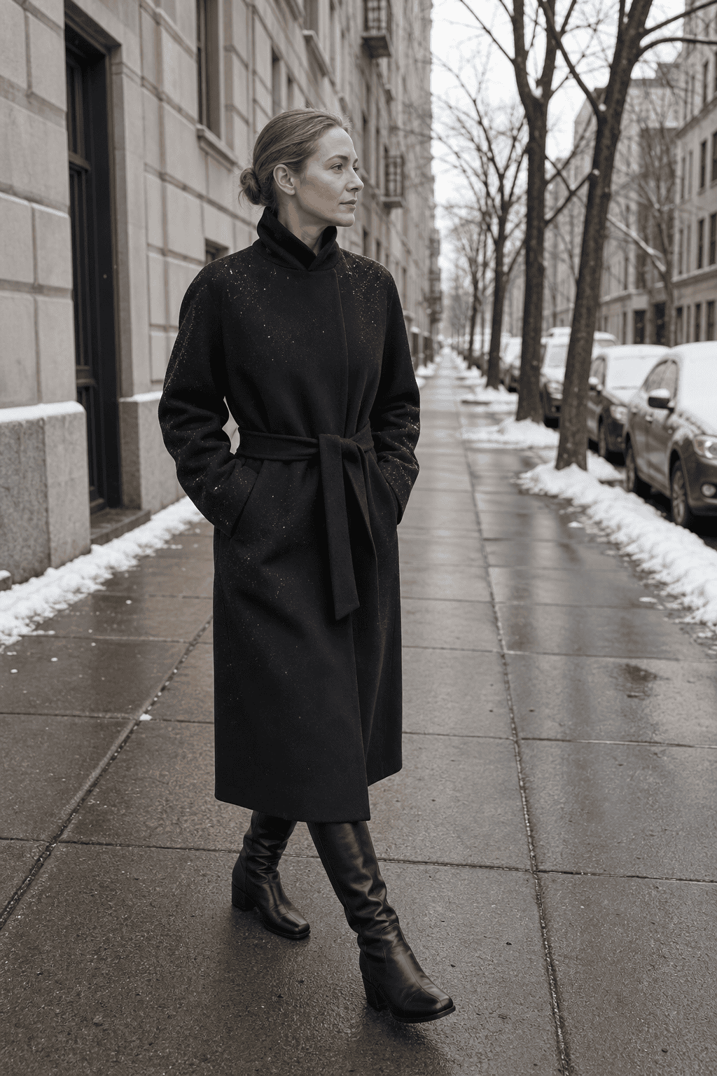 long black coat outfit worn as a coat-dress: belted black wool coat with smooth black knee-high boots meeting the hem on a snowy winter street